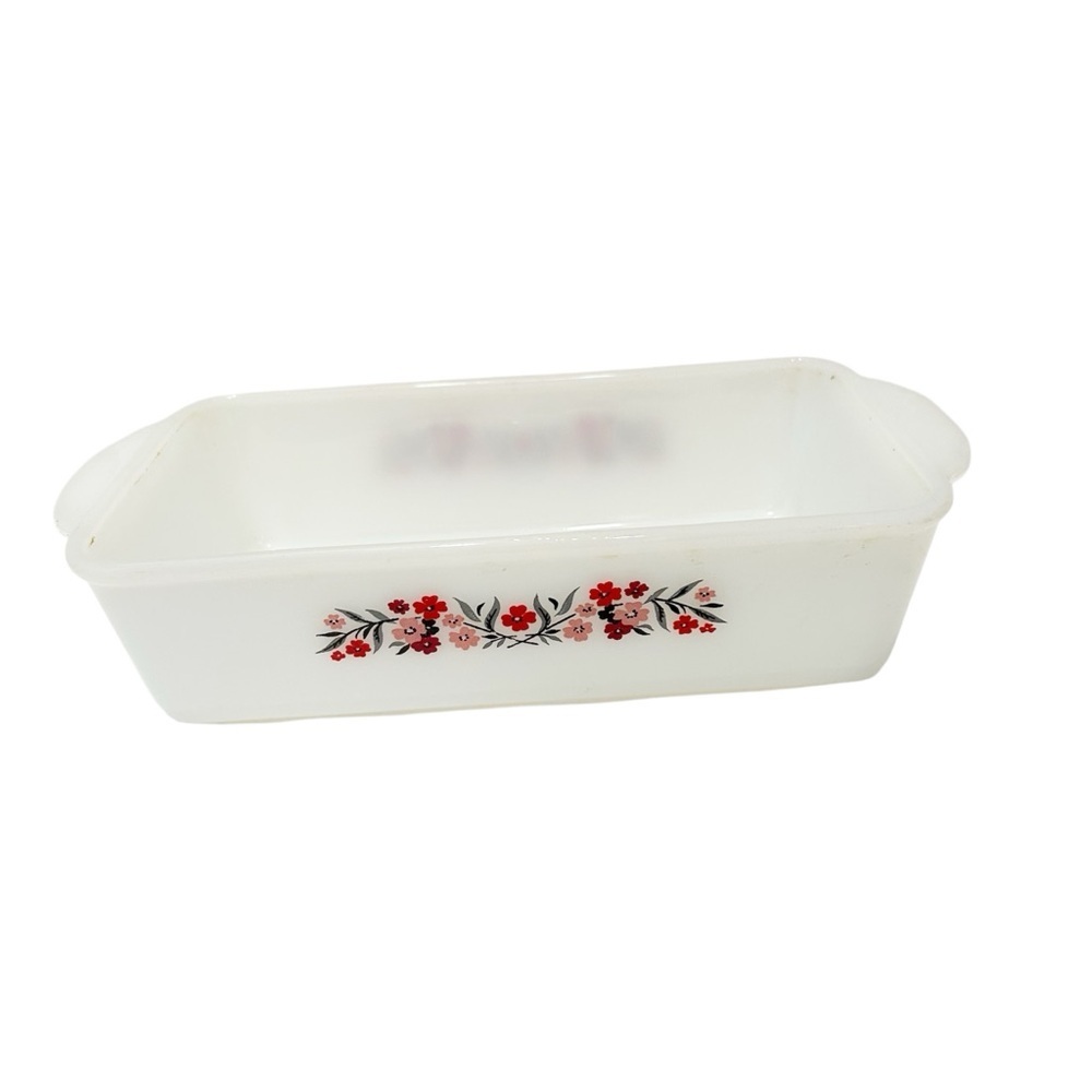 Vintage Fire King Red & Pink Primrose Design Milk-Glass Loaf Pan